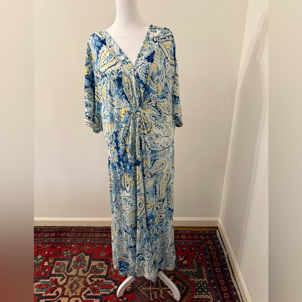 Ralph Lauren Black Label Paisley Midi Dress 2X Linen Blend Twist Front
